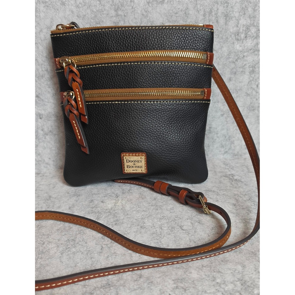 Dooney & Bourke Triple Zip Crossbody Black Pebbled Leather Ginger Trim Bag